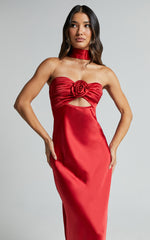 Cady Maxi Dress - Ruched Bust Rosette Detail Satin Dress in Red