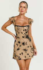 Athena Mini Dress - Floral Burnout Lace Trim Slip Dress in Brown and Black Burnout