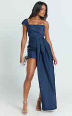 Stefania Mini Dress  - Asymmetrical Removable Skirk Ruched Strapless Bodycon Dress in Navy