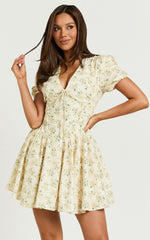 Jefelyn Mini Dress - Puff Sleeve Fit & Flare Dress in Lemon Vintage Floral