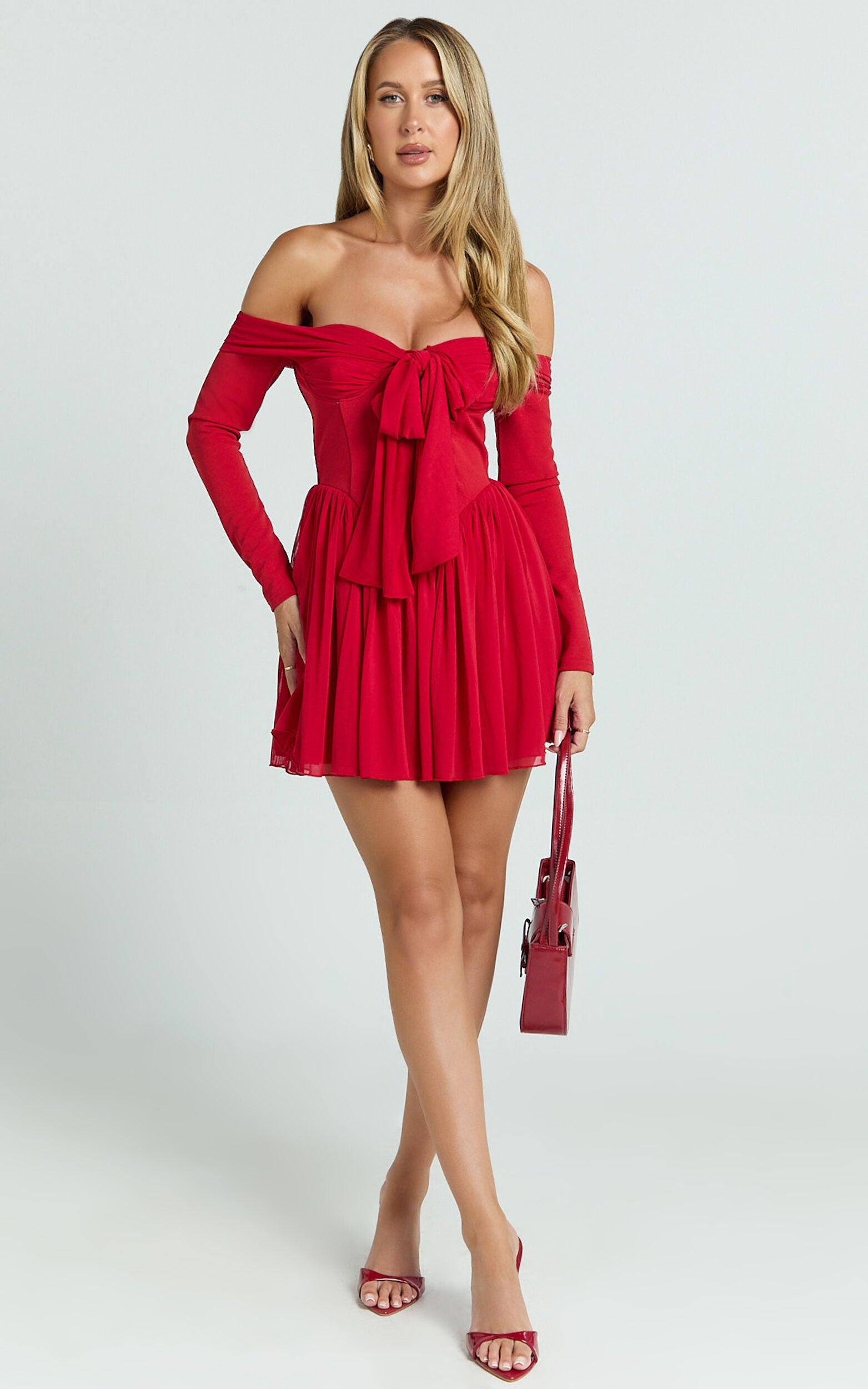 Bennett Mini Dress - Off Shoulder Long Sleeve V Waist Dress in Red