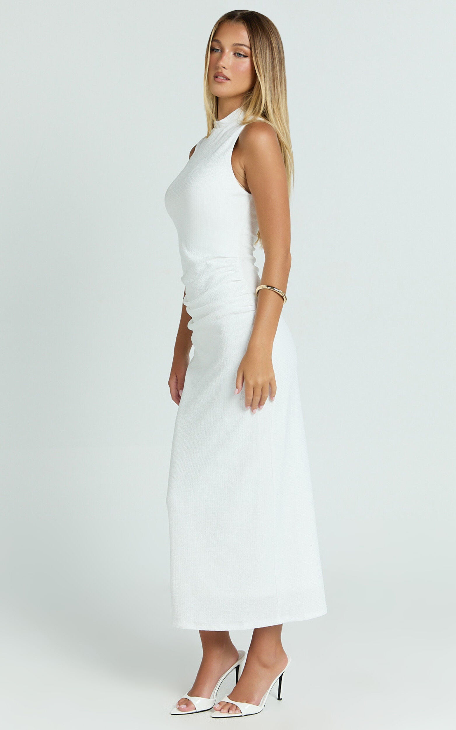Pamela Midi Dress - High Neck Leg Split Dress in White
