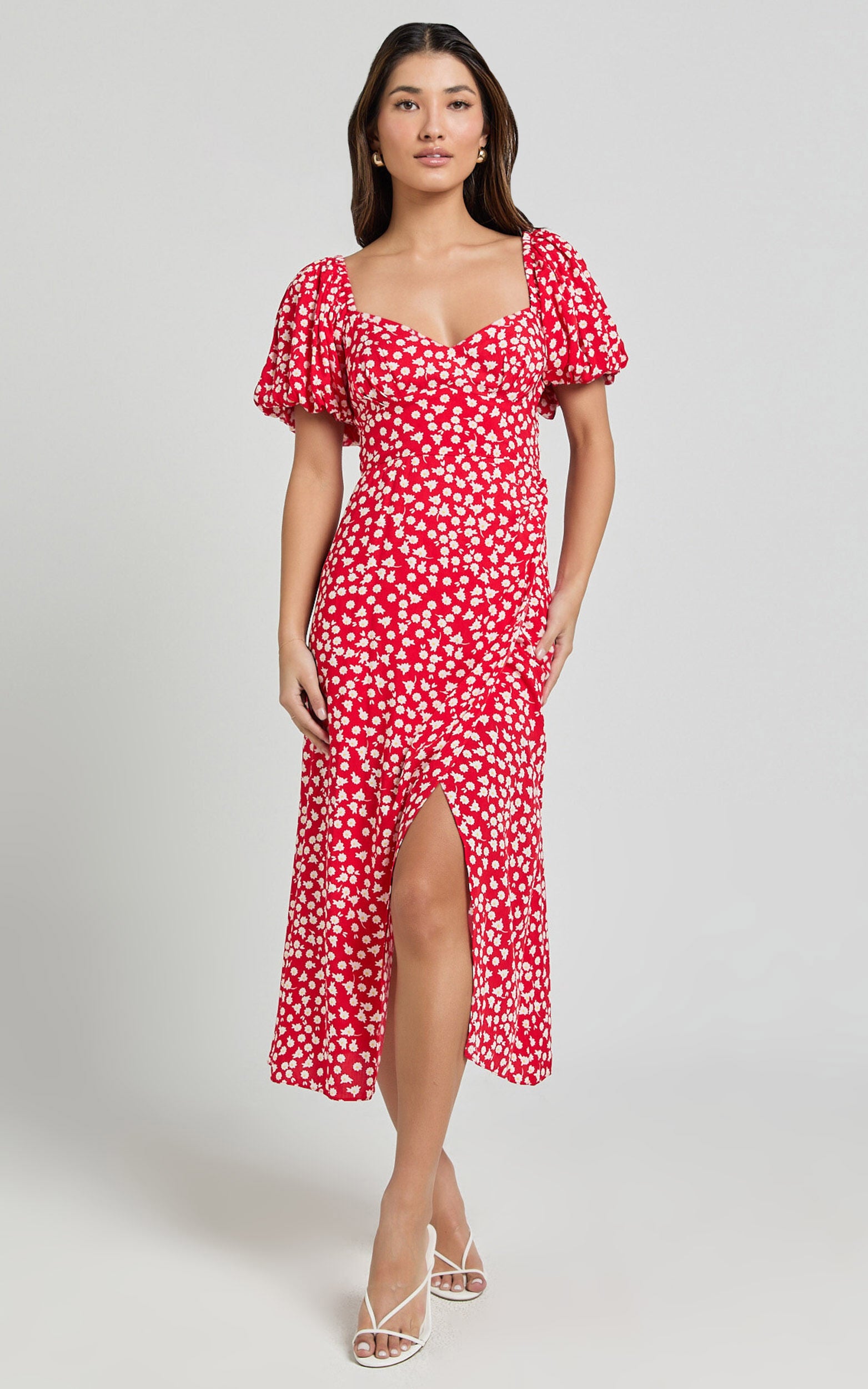 Carlyn Midi Dress - Sweetheart Puff Sleeve Wrap Dress in Red Floral
