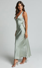 Khalani Midi Dress - Deep V Neck Satin Slip Dress in Sage