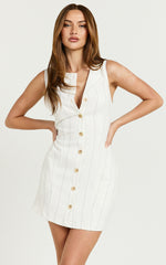 Neri Mini Dress - High Neck Button Through Stripe Dress in White Stripe