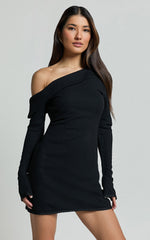 Danielle Mini Dress - Off Shoulder Long Sleeve Fitted Dress in Black