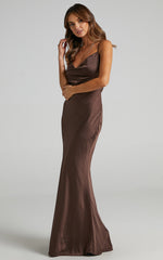 Lunaria Maxi Dress - Cowl Mermaid Slip Dress in Chocolate Satin