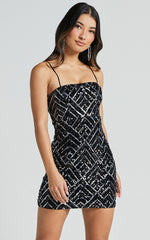 Nahla Mini Dress - Diamond Sequin Cami Dress in Black