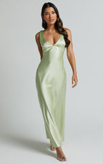 Bettina Midi Dress- Deep V Cross Back Satin Dress in Apple Green