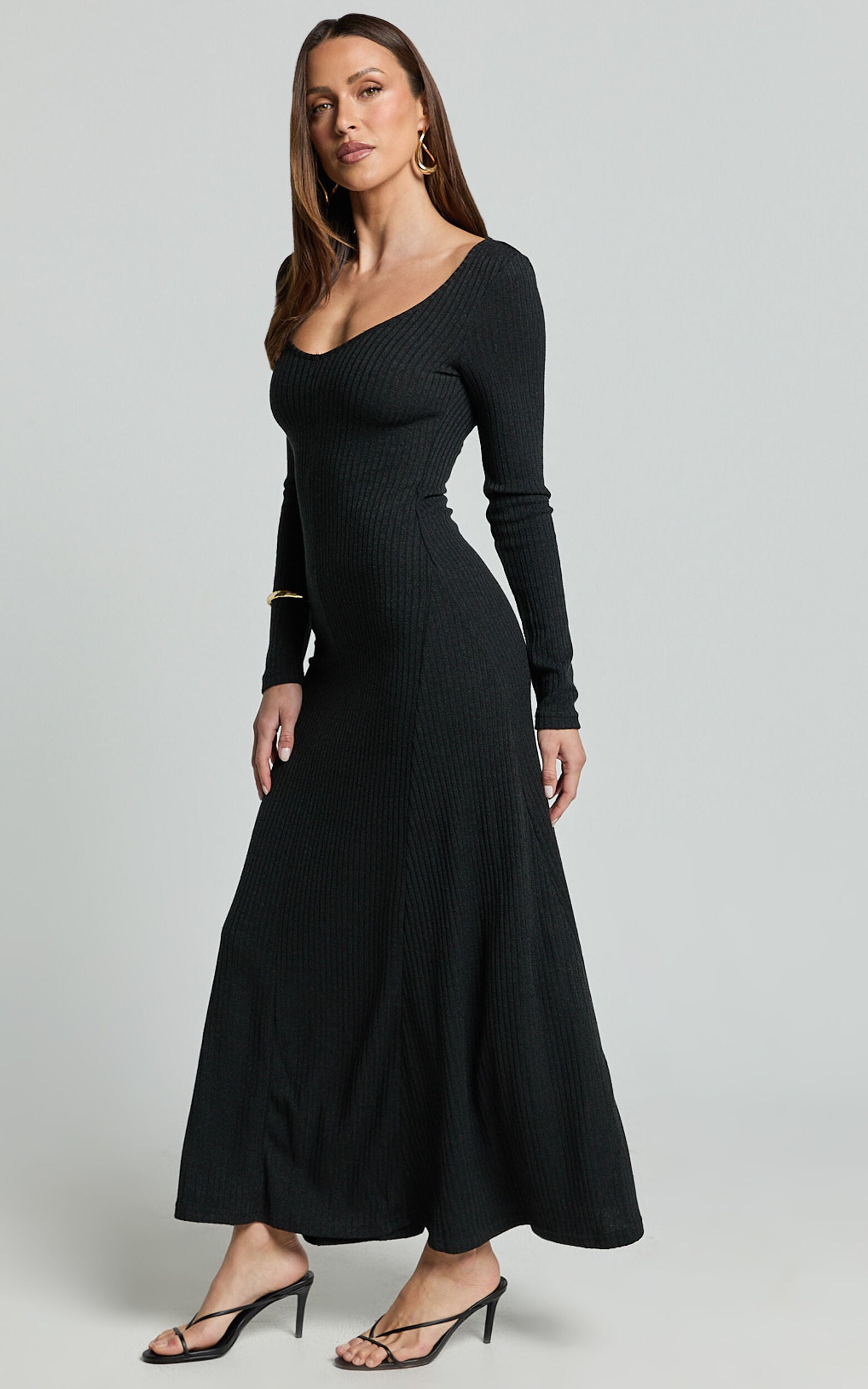 Lydia Midi Dress - V Neck Long Sleeve Knitted Dress in Black