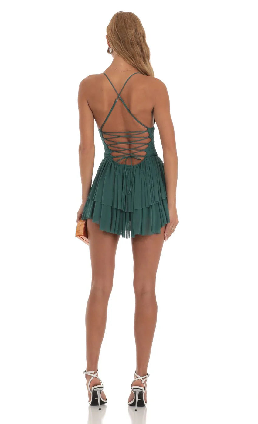 Mesh Sweetheart Tiered Dress in Green