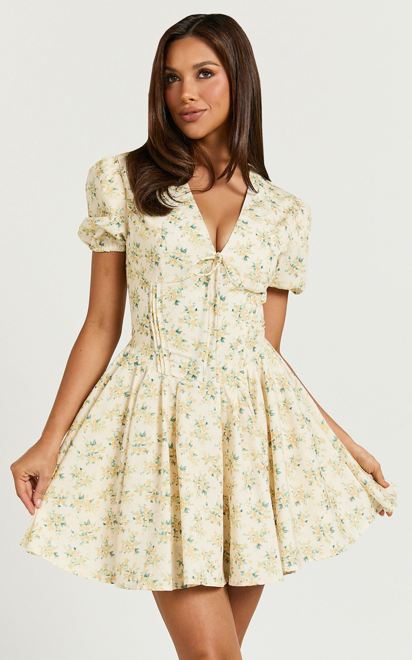 Jefelyn Mini Dress - Puff Sleeve Fit & Flare Dress in Lemon Vintage Floral