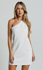 Mardelle Mini Dress - Linen One Shoulder Shift Dress in White