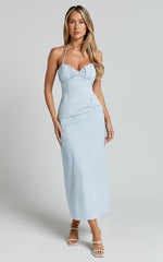 Zora Midi Dress - Halter Ruched Bust Slip Dress in Pale Blue