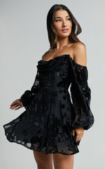 Jessell Mini Dress - Long Sleeve Cowl Corset Dress in Ebony Burnout