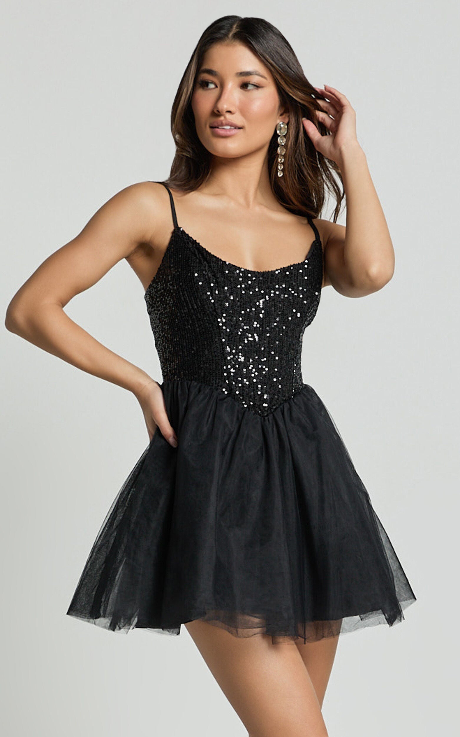 Violette Mini Dress - Sequin Corset Tulle Skirt Dress in Black