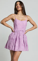 Gail Mini Dress - Scoop Neck Embroidered Corset Dress in Purple