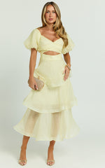 Giselle Midi Dress - Short Puff Sleeve Front Cut Out Layered Dress in Lemon