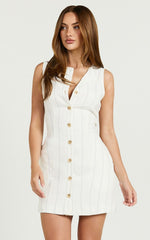 Neri Mini Dress - High Neck Button Through Stripe Dress in White Stripe