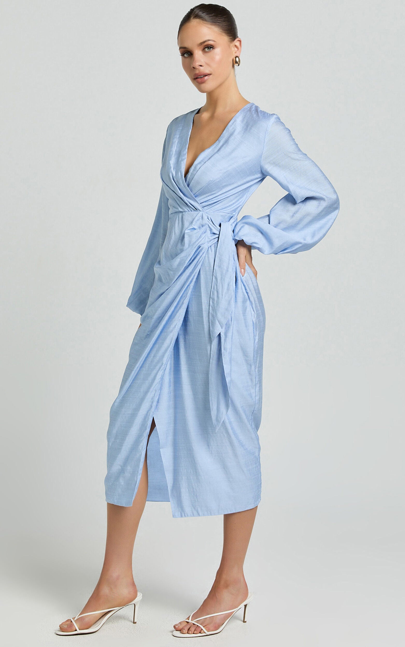 Taylor Midi Dress - Long Sleeve Wrap Dress in Blue