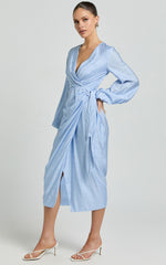 Taylor Midi Dress - Long Sleeve Wrap Dress in Blue