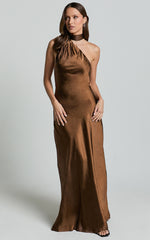 Ryan Maxi Dress - Tie Neck One Shoulder Dress in Chocolate