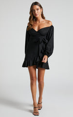 Cant Move On Off Shoulder Mini Linen Dress in Black Linen Look