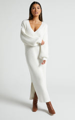 Kartia Midi Dress - V Neck Knit Dress in Off White