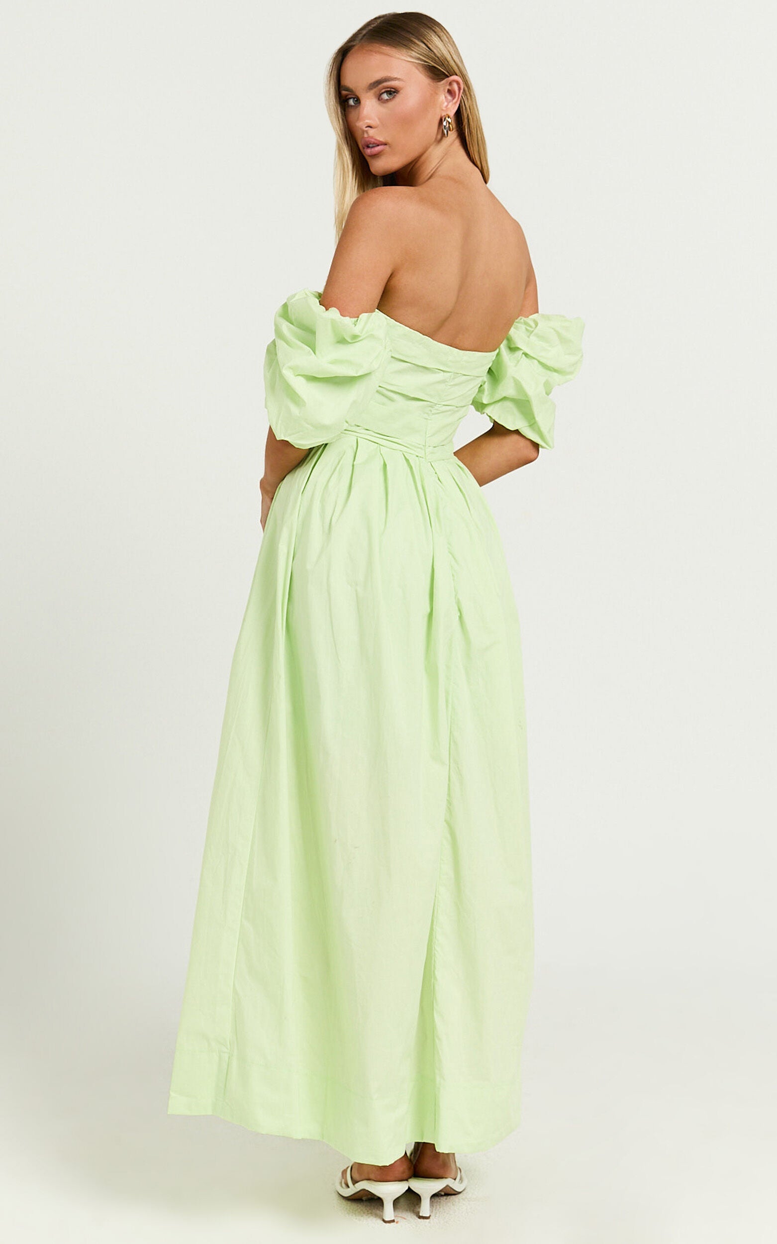 Annie Midi Dress - Off The Shoulder Ruffle Sleeve Pleated Dress in Lime