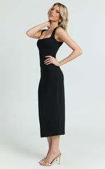 Stella Midi Dress - Square Neck Cap Sleeve Fitted Dress in Black