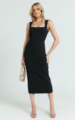 Stella Midi Dress - Square Neck Cap Sleeve Fitted Dress in Black