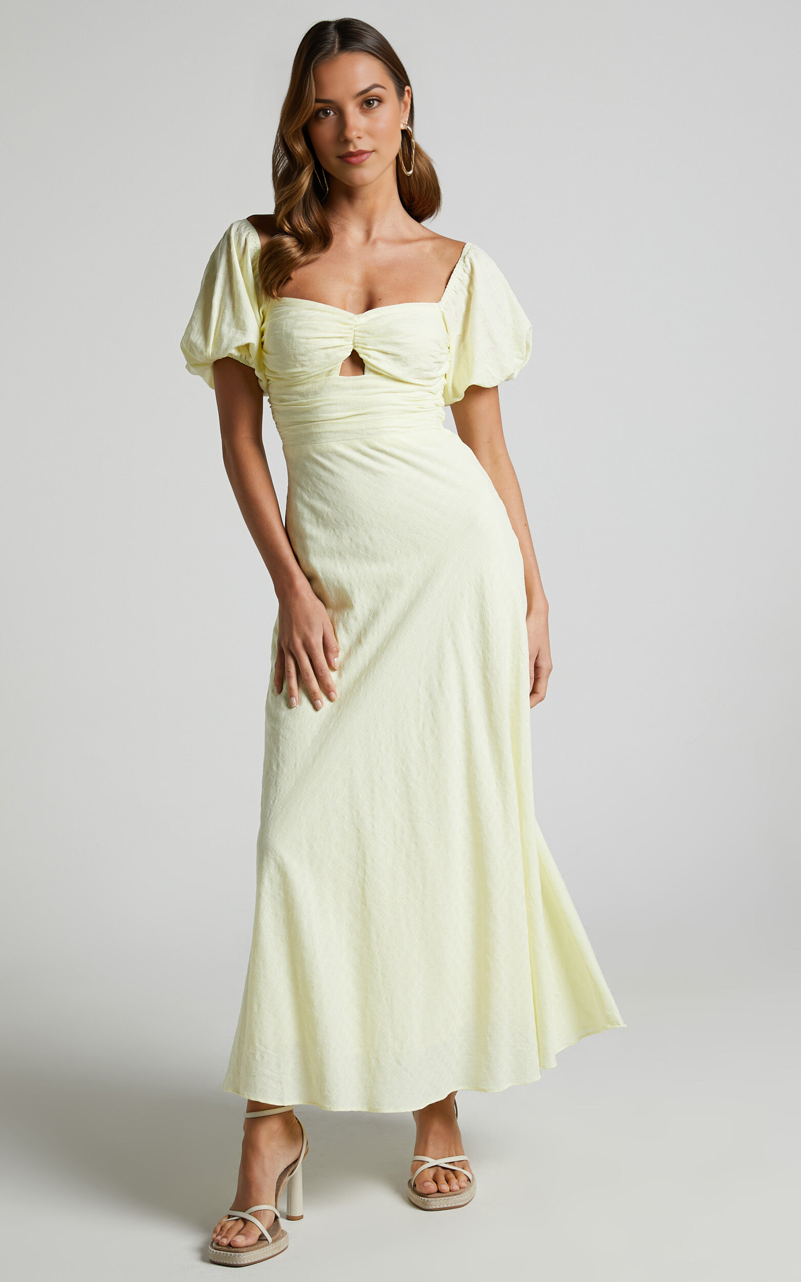Vynna Midi Dress – Butter Yellow Puff Sleeve A-Line Dress with Ruched Bust & Scoop Neck