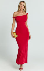 Isabel Midi Dress - Twist Off Shoulder Bodycon Dress in Red