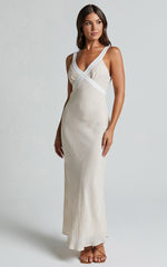 Chakyra Midi Linen Dress - Contrast Strap Bias Cut Column Dress in Beige with White Contrast