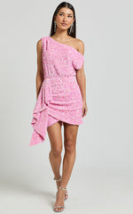 Tonya Mini Dress - Sequin Drape One Shoulder Dress in Pink