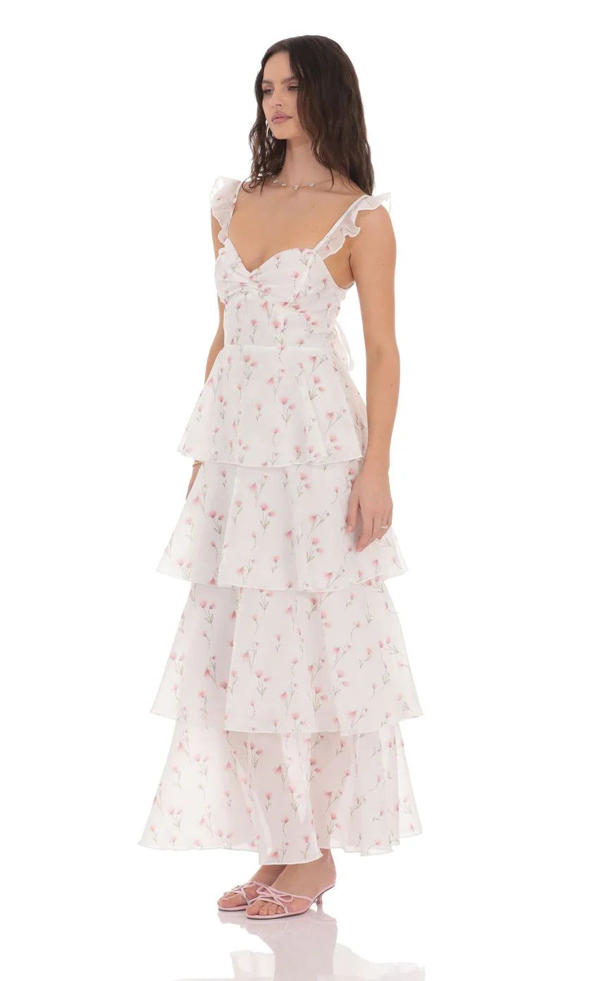 Floral Ruffle Maxi Dress in White