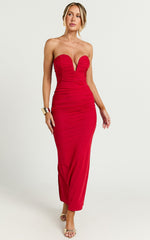 Gianni Maxi Dress - Plunge Ruched Mesh Column Dress in Red