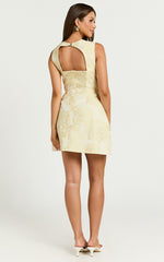 Kyra Mini Dress - Square Neck Open Back Jacquard Mini Dress in Lemon