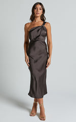 Aria Midi Dress - One Shoulder Twist Detail Satin Bias Cut Dress in Espresso