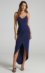 Lucky Day Midi Dress - V Neck Drape Dress in Navy