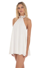 Embroidered Mock Neck Dress in White
