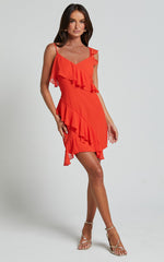 Zaria Mini Dress - Asymmetric Frill Detail Mini Dress in Chili