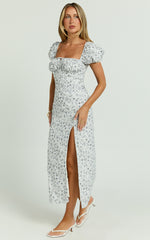 Leila Midi Dress - Puff Sleeve High Split Dress in White/Blue