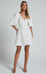 Amalie The Label - Movida Linen Blend Balloon Sleeve Crossover Band Mini Dress in White