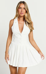 Hannah Mini Dress - Tailored Button Down Pleated Mini Dress in White