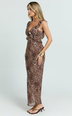 Alessa Maxi Dress - V Neck Frill Detail Empire Waist Back Cut Out Dress in Tonal Leopard