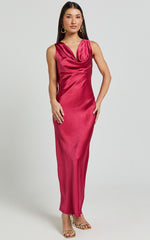 Geri Midi Dress - Cowl Neck Low Back Satin Dress in Berry