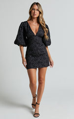 Miley Mini Dress - V Neck Bodycon Dress in Black