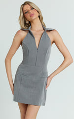 Latisha Mini Dress - Halter Collared Fitted Dress in Grey