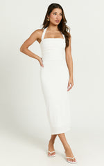 Lila Midi Dress - Halterneck Ruched Bodycon Dress in Off White
